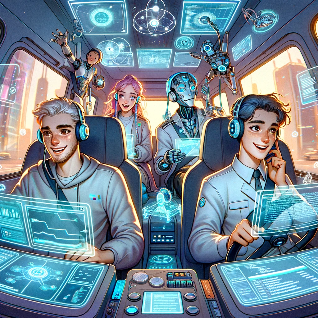 Illustration: The AI-Team in their high-tech van, Hannaibal at the wheel, BAI with multiple screens, Faice charmingly talking on a headset, and Murdoxx tinkering with a gadget.