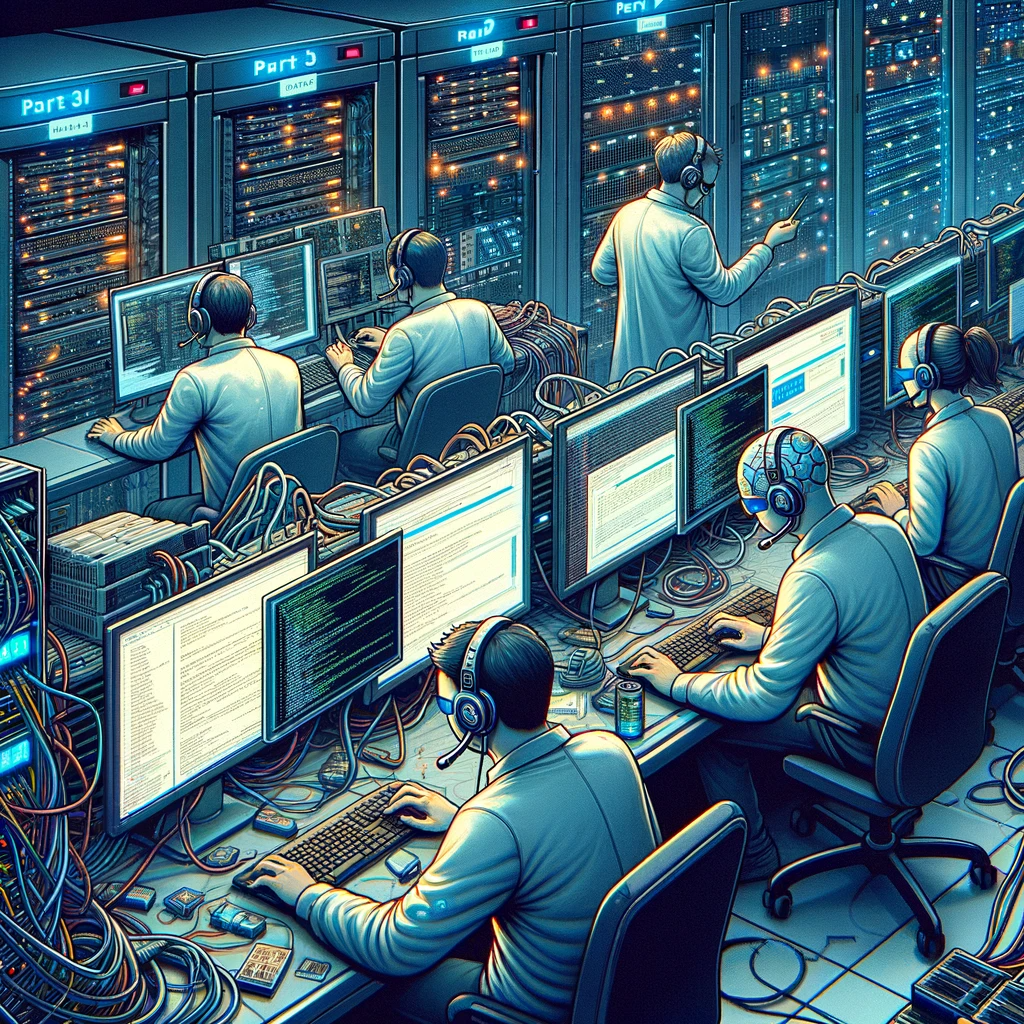 Illustration: The AI-Team working intensely in a server room, surrounded by screens and cables.