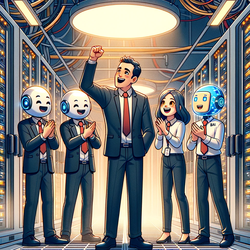 Illustration: The AI-Team and Technotron’s CEO celebrating as the servers light up and data flows smoothly.